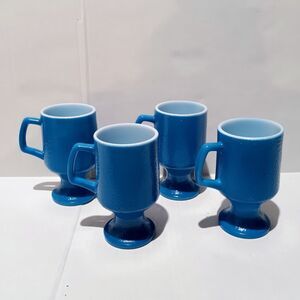 Vintage Hazel Atlas Orange Peel Pedestal Mugs-Lot Of 4-Milk Glass-Blue-Textured